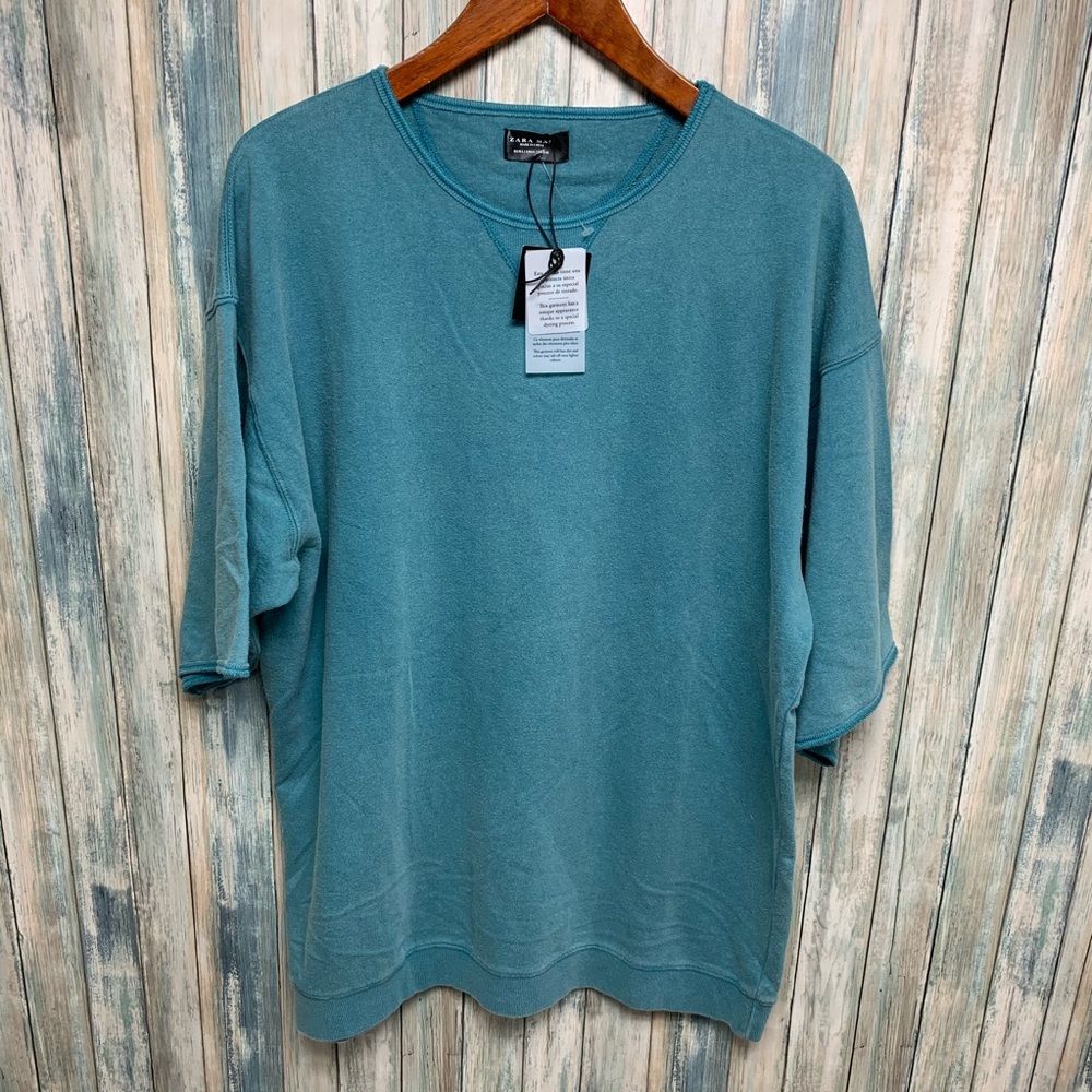 ZARA Man Short Sleeve Sweatshirt Dyed Teal Sz M - Picture 1 of 7